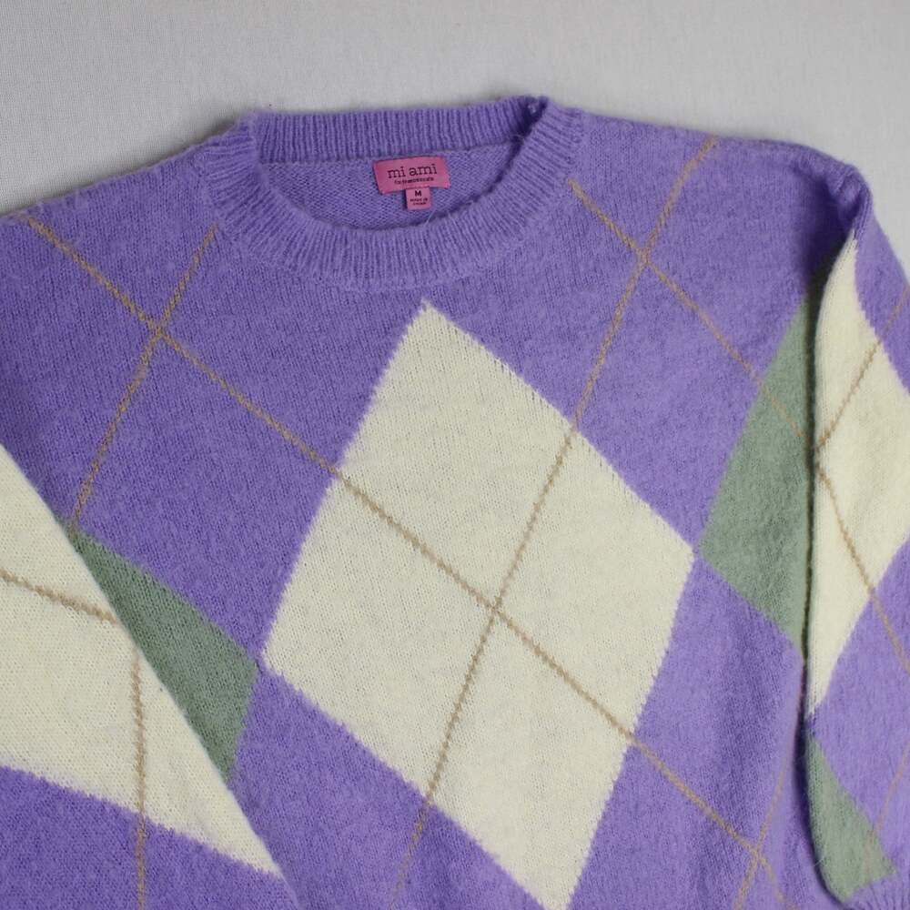 Francesca’s Mi Ami Purple Fuzzy Argyle Sweater Size Medium Women’s Cottagecore